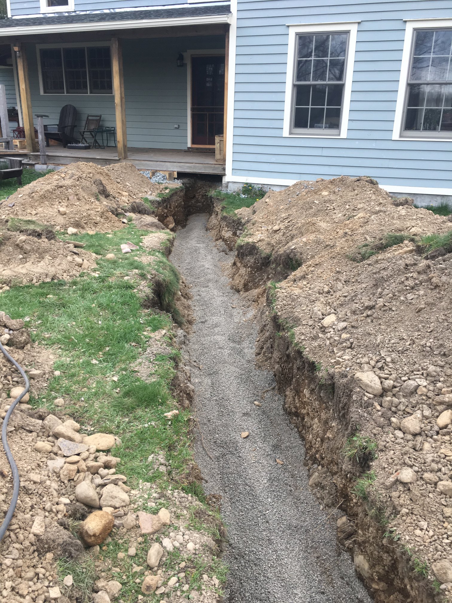 A deep trench filled with gravel next to a house